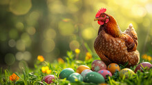 Chicken With Colorful Easter Eggs