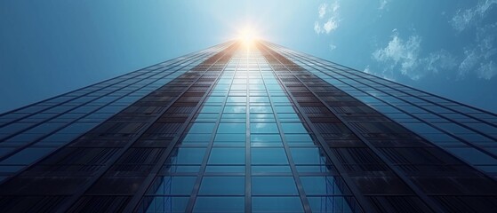 Poster - This is a 3D render of a highrise glass building with dark steel windows on a blue clear sky background. In the background is a sun light shining on the top of the building.