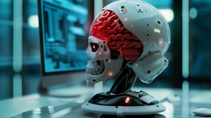 Aufkleber - Using a robot to check brain test results with a computer interface, future brain analysis, and innovative concepts in science and medicine