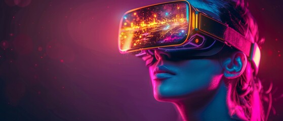 Poster - Woman in VR glasses playing AR augmented reality NFT game with neon blur lines in the Metaverse digital avatar, Virtual Reality, Cyber World, a Metaverse presence, and a futuristic lifestyle.