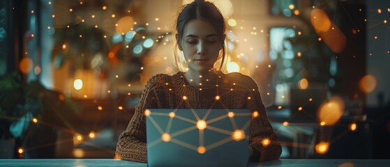 Poster - Graph interfaces, virtual screens, connections icons on digital diagram. Young entrepreneurs in modern office using contemporary laptops on blurred background. Horizontal.