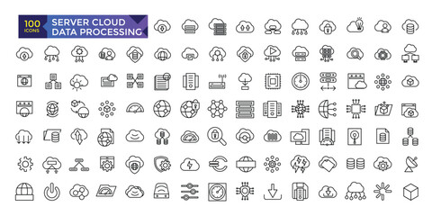 Poster - Server Cloud computing and data processing icon set, cloud services, server, cyber security, digital transformation. Outline icon collection.