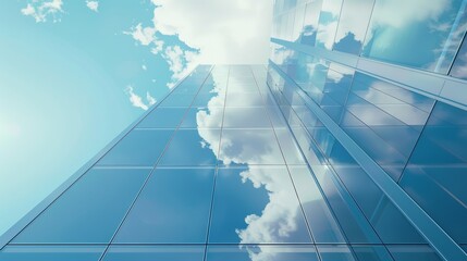 Aufkleber - A low angle view of futuristic architecture, an office building with a skyscraper that has the reflection of a cloud in the window.