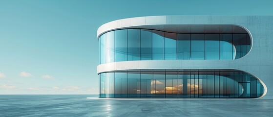 Fototapete - A 3D model of a high-rise curve glass building and dark steel windows set against a clear blue sky. Business concept of future architecture, looking up at an angle.