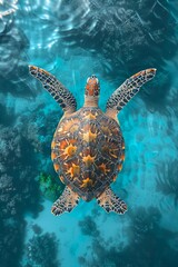  Graceful sea turtle swimming over coral reef in clear blue water