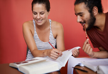 Poster - Study, university and students with books, teamwork and planning for a project and education. Knowledge, college and friends with ideas or brainstorming with revision session or support with research