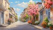 painting in the horizontal style depicting a country street with blossoming flowers adorning the home facades. Cityscape in the summer