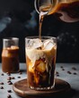 a hand expertly pouring milk from a white jug into a tall glass of refreshing iced coffee