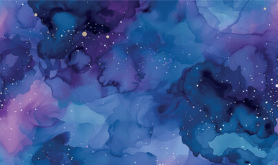 watercolor pattern dark blue and purple tones with added sparkles create a deep, cosmic atmosphere