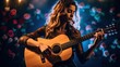 Beautiful young woman playing the guitar on a dark background with roses