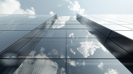 Poster - View of high rise building with a dark steel window system and clouds reflected on it. Business concept of future architecture, looking up to the corner angle of the building. 3D rendering.
