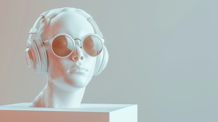 3D rendering of sunglasses and headphone on human head sculpture.