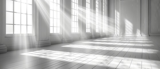 Poster - Intriguing 3D simulation of white room interior and wood plank floor with sun light casting shadow on wall, minimal architecture perspective perspective
