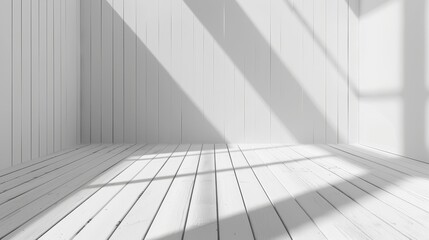 Poster - 3D stimulation of a white room interior and a wood plank floor with sunlight casting shadows on the wall, Perspective of a minimal design architecture