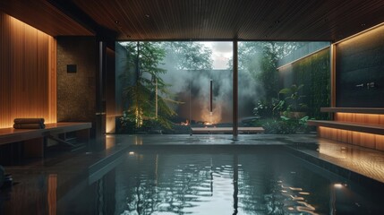 Poster - Hot steaming sauna in a spa. Relaxation place for relaxation and detoxification. Generative AI