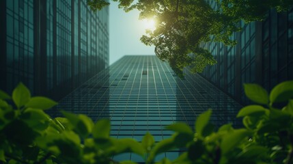 Poster - Green tree branches with leaves and sustainable glass building for reducing heat and carbon dioxide. Office building with green environment.