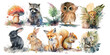 Watercolor Wildlife Collection: Hand-Painted Raccoon, Owl, Rabbits, Fox, Squirrel, Lion Cub, and Koala Amidst Nature