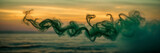 Fototapeta Konie - Photograph capturing the ethereal beauty of smoke tendrils in hues of emerald and jade against a backdrop of golden twilight.