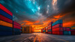 Dramatic Sunset Over Industrial Shipping Container.