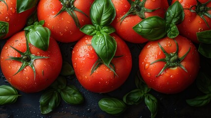 Poster - ripe tomatoes and basil top view