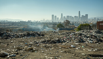 Poster - Overfilled landfill with city in background