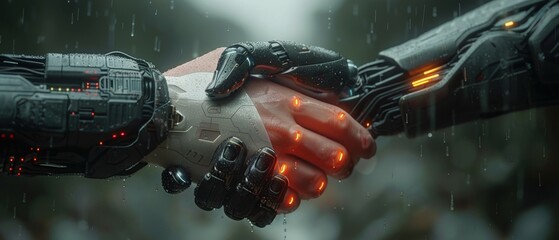 Poster - Handshake between a businessman and a digital partner set against a futuristic background. Artificial intelligence and machine learning for the 4th industrial revolution.