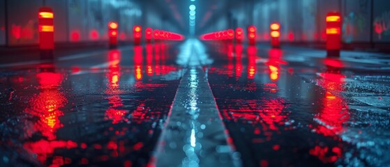 Poster - In the dark of the night, a city is illuminated with neon reflections on the concrete floor. Wet asphalt, night view of the city, blank studio. Dark abstract background. Dark street.