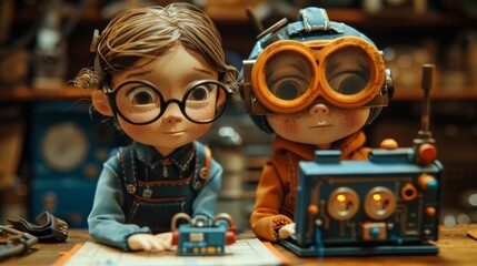 Fototapete - In their science class, a girl and boy program a cute little robot with a laptop.