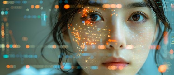 Leinwandbilder - An Asian Female Startup Entrepreneur Working on a Computer and Projecting Lines of Code on Her Face. Software Developer Working on an Innovative e-Commerce App Using AI and Big Data.
