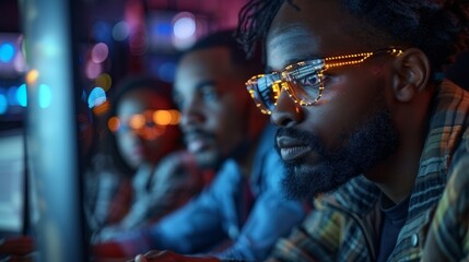 Aufkleber - Research Center Group of Multicultural Men and Women Working on a Project, Using Computers to Write Advanced Software Code, Developing Artificial Intelligence Services