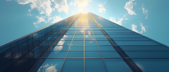 Fototapete - Building with glass facade on blue sky background, looking upward at the light at the top of the building. Conceptual rendering in 3d.