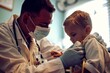 A caring pediatric health professional administers a vaccine to a child in a calm, clinical setting, ensuring well-being