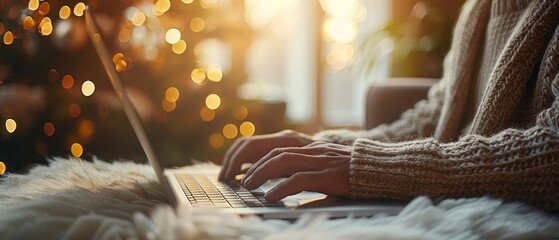 Poster - An image of a male hand holding a laptop. A man working from home remotely. Remote work concept. Global business network.
