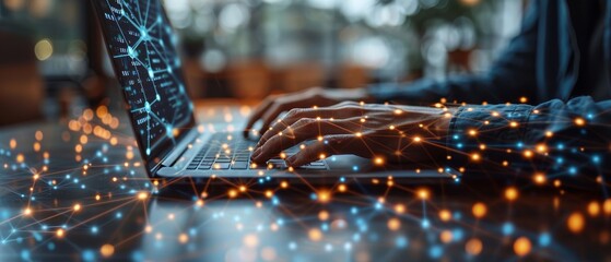 Poster - The hands of a man are close-up on their laptop. He is working remotely at home. The concept of remote work or networking.
