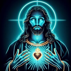 A neon light painting of Jesus Christ