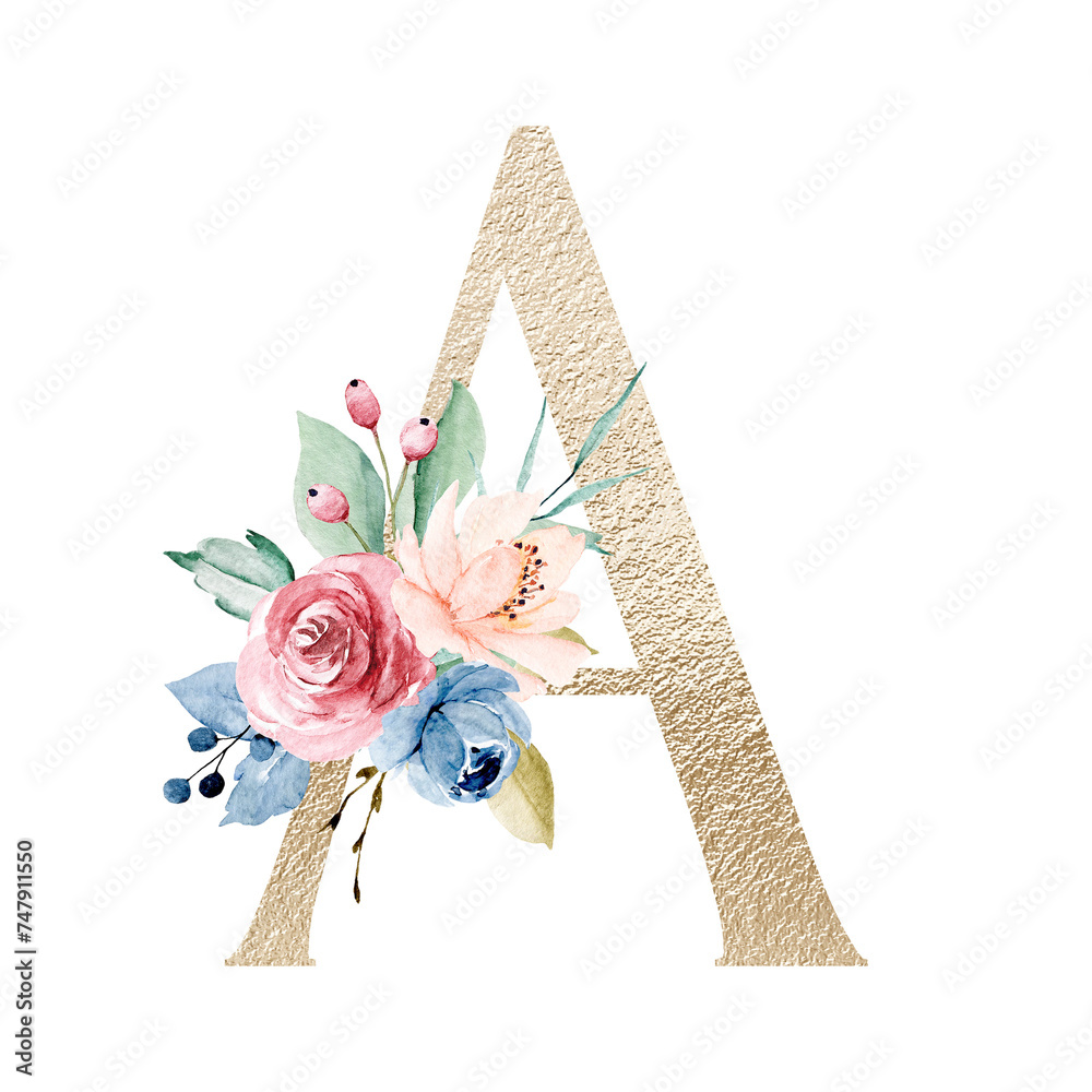 Gold letter A with watercolor flowers and leaves. Floral alphabet ...