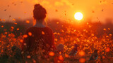 Fototapeta Tulipany - Girl sits in field at sunset