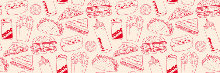 Seamless fast food pattern in retro style. Vector linear illustration drawn by hands in sketch style. Background for restaurant menu, cafe, advertisement.