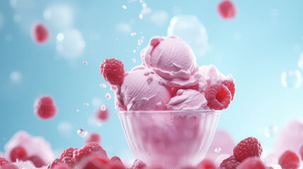 Wall Mural - Pink color raspberry ice cream with berries ingredients blue sky background