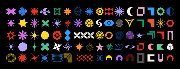 Leinwandbilder - Set of geometric shapes, collection of y2k psychedelic elements. Neon vibrant color. Modern trendy design. Acid figures. Sticker patch. Elements for collage, poster, flyer, banner, web. Brutalism. 90s