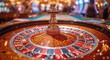 A spinning roulette wheel holds the fate of players, as a single ball teeters on top, tempting chance and testing luck in the lively atmosphere of a bustling casino