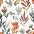 Seamless pattern of desert flowers in shades of orangeade and leafy greens, presented in a delicate watercolor style.