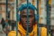 Contemplative man with blue braids and headphones behind metal bars
