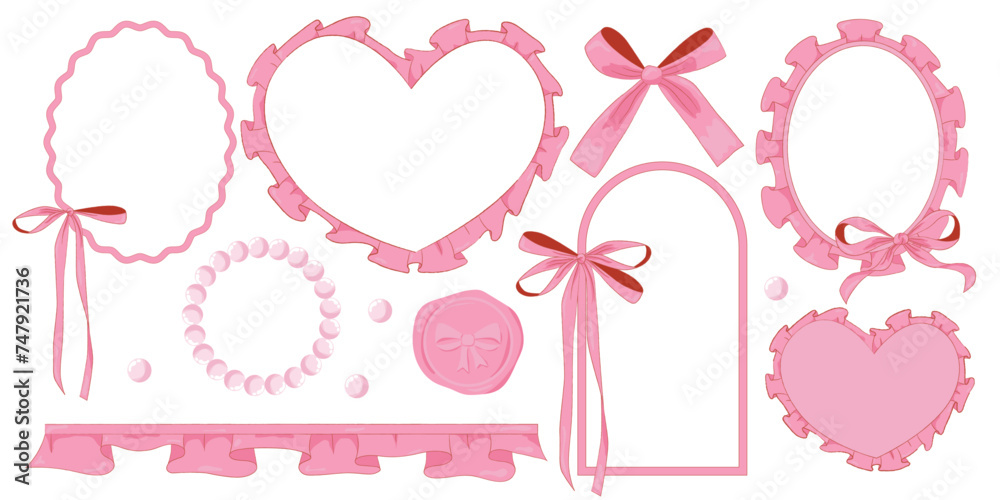 Set of pink girly vintage bow and frames and pearl bracelets, ribbon, beads and wax seal stamp set. Ribbons isolated. Trendy coquette girls accessories.