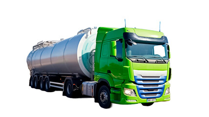 Wall Mural - Truck with hydrogen fuel tank trailer. Sustainable renewable energy. Commercial logistic truck transport with green power isolated on transparent or white background.
