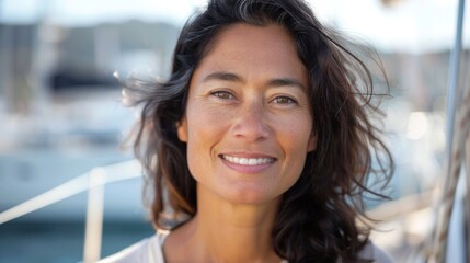 Canvas Print - A woman with long dark hair smiling at the camera with a blurred background of a boat and water suggesting a nautical setting.