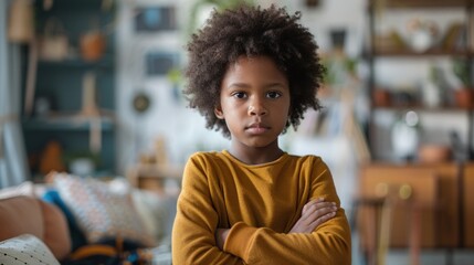 Wall Mural - Young child with curly hair wearing a yellow sweater standing in a cozy room with a neutral color palette surrounded by bookshelves and plants.