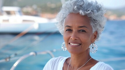 Wall Mural - Smiling woman with white hair and silver earrings wearing a white top standing on a boat with a blue ocean in the background.