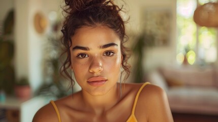 Wall Mural - A young woman with a gentle gaze wearing a yellow top her hair styled in a messy bun set against a blurred indoor background with natural light.