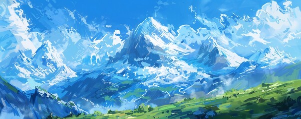 Wall Mural - Simple gouache style mountain landscape, white and blue sky Generative Ai 